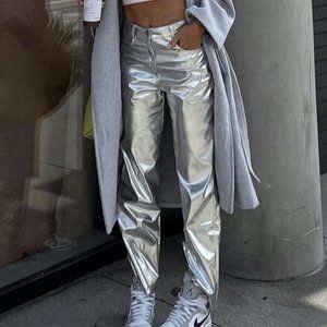 High-Shine Silver Straight-Leg Pants